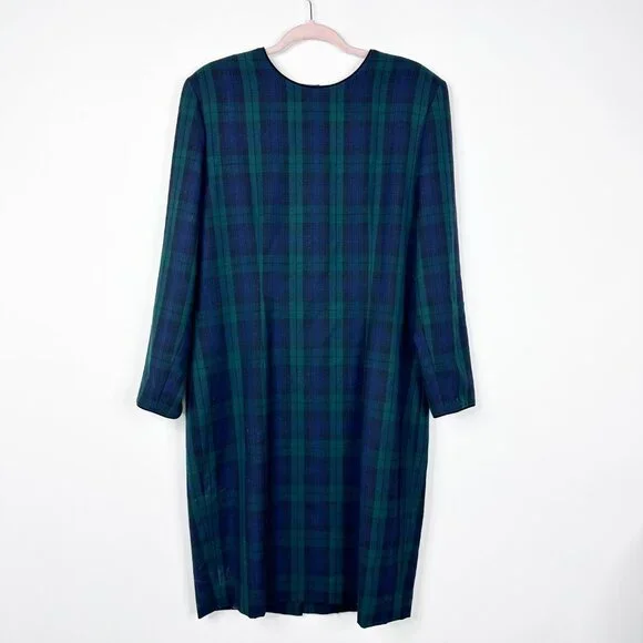 Vintage Brooks Brothers Flannel Plaid Shift Midi Dress Frock Green Blue Wool 14 - Picture 2 of 14